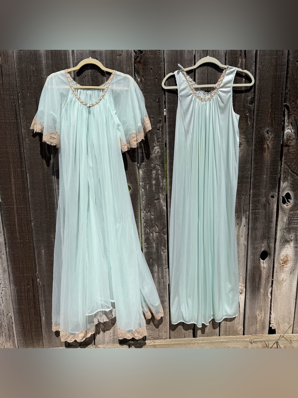 True Vintage 1960s Mint Blue Peignoir
Nightgown Set - Sheer Robe + Nightgown S/M